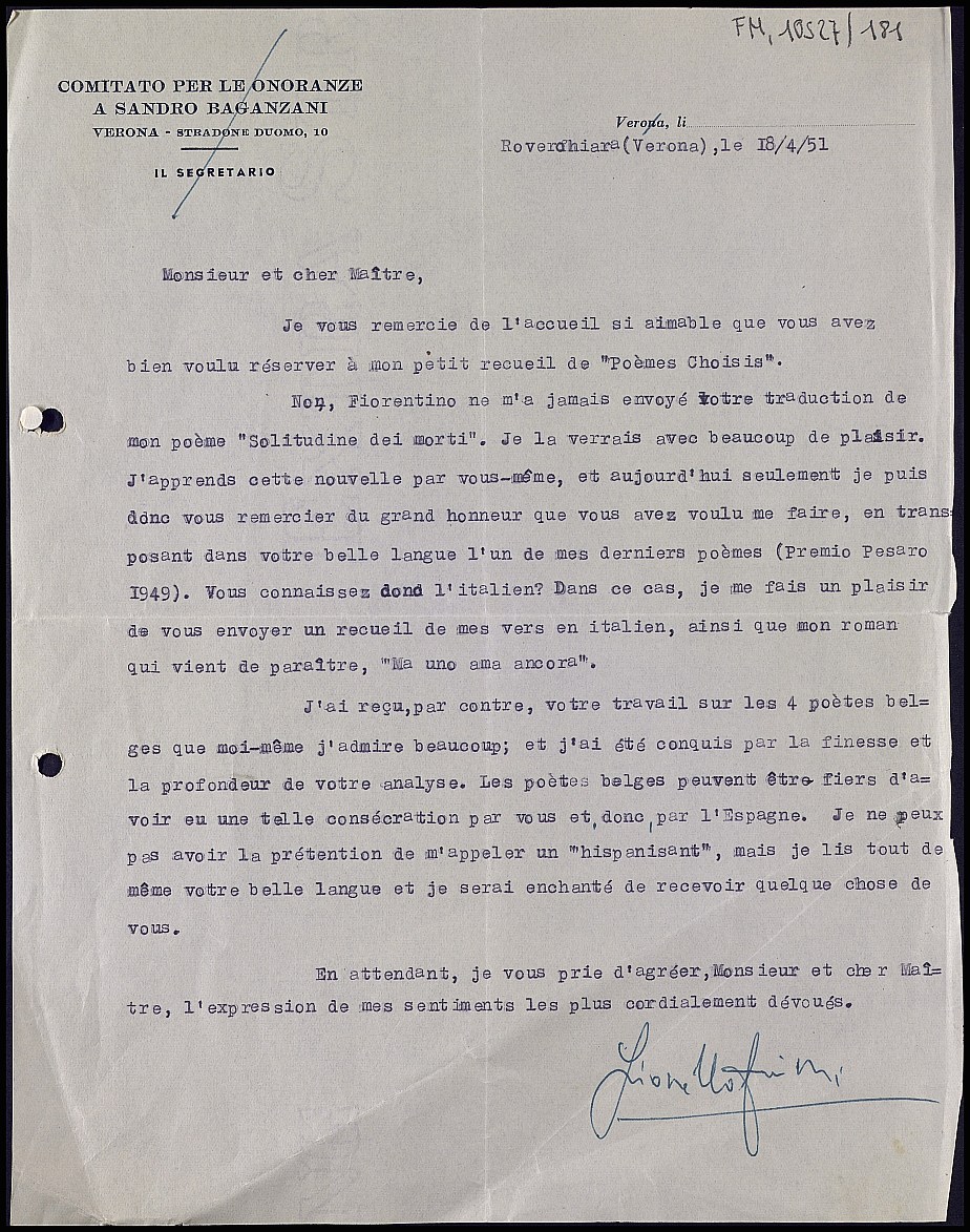 Carta de Lionello Fiumi en la que menciona la traducción y publicación de poemas suyos.
