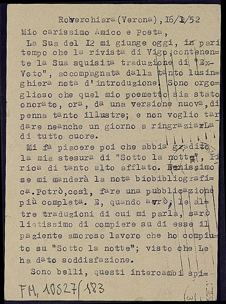 Tarjeta postal de Lionello Fiumi agradeciendo la traducción y publicación de su poema 