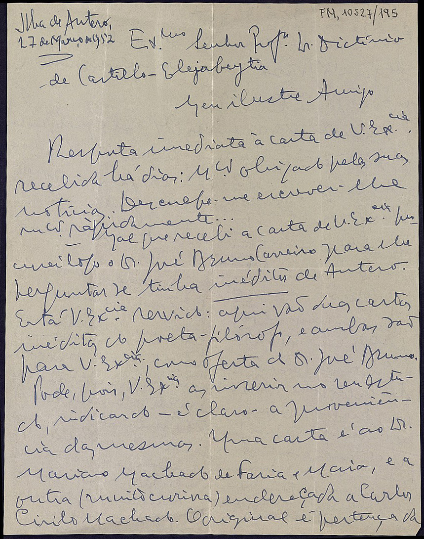 Carta de Ruy Galvao de Carvalho comentando la biografía de Antero de Quental escrita por José Bruno Carreiro en 1948.
