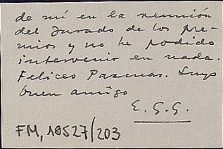 Tarjeta de Emilio García Gómez agradeciendo el envío de 