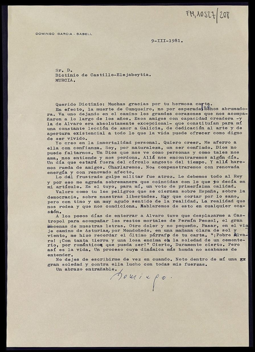 Carta de Domingo García-Sabell agradeciendo su hermosa carta tras la muerte de Álvaro Cunqueiro.