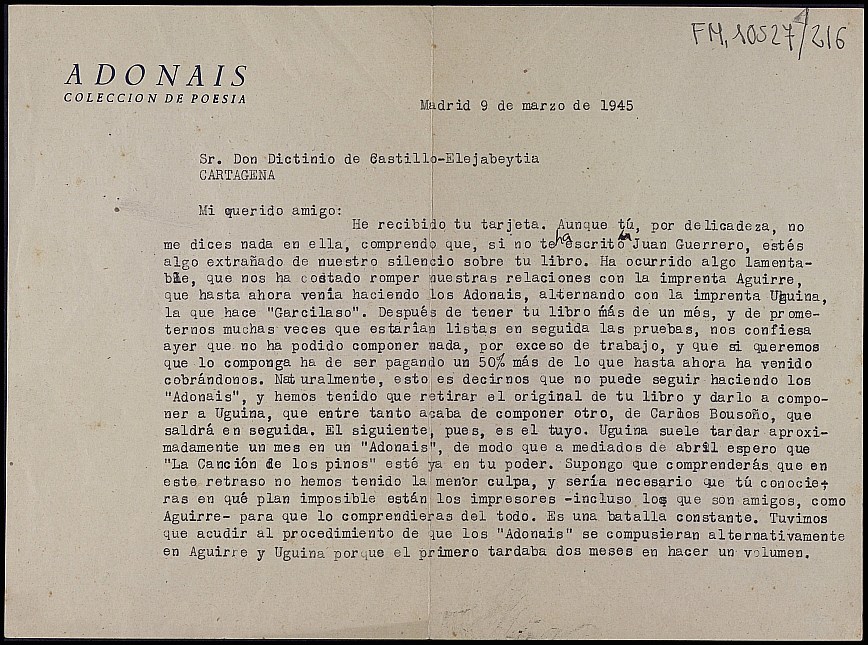 Carta de José Luis Cano explicando a Dictinio el problema con la imprenta Aguirre, que no ha podido hacer la edición de 