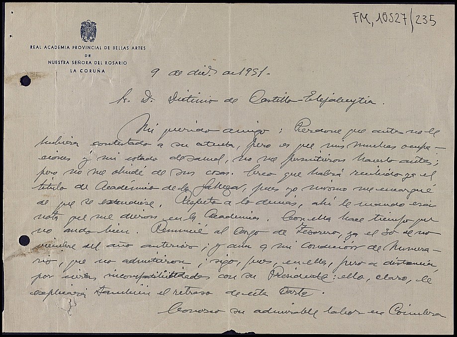 Carta de Ángel del Castillo López comentando sobre el ingreso de Dictinio en la Real Academia Gallega y sus admirables conferencias en Coimbra.