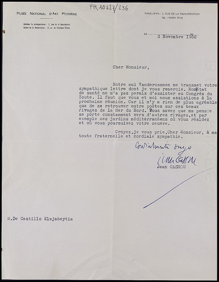 Carta de Jean Cassou comentando que no podrá ir al congreso de Poesía de Knokke (Bélgica).