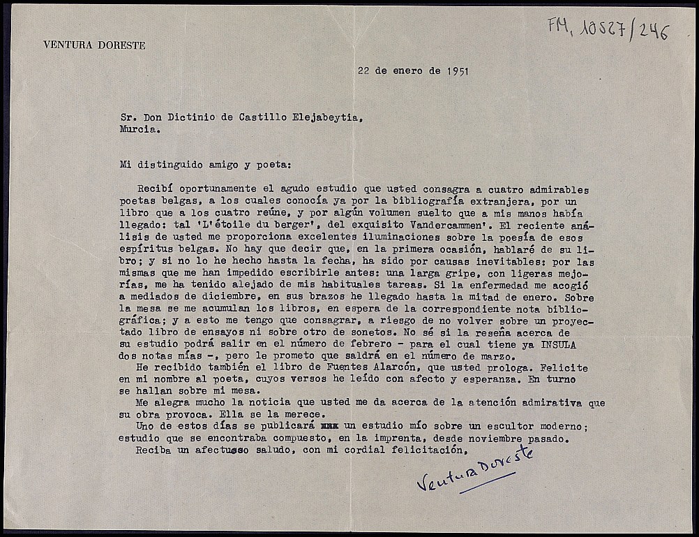 Carta de Ventura Doreste encomiando el ensayo sobre los poetas belgas, del que espera hacer una buena crítica en 