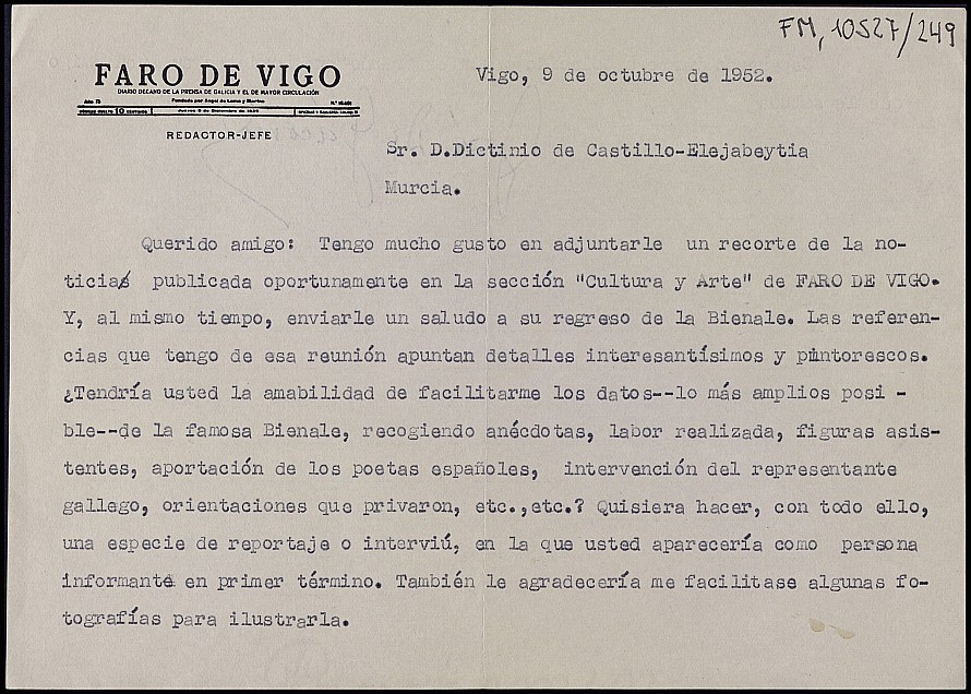 Carta de José Díaz Jácome solicitándole información y fotografías de la pasada Bienal de Poesía de Knokke para el 