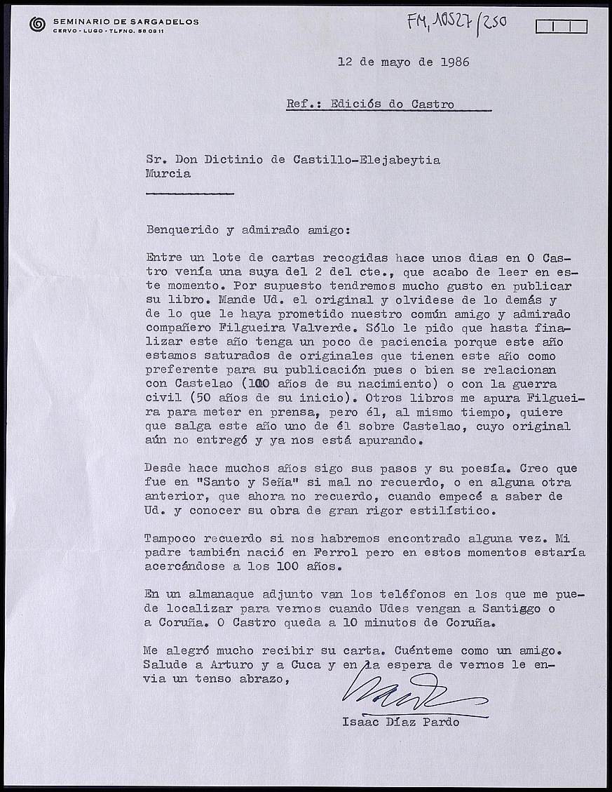 Carta de Isaac Díaz Pardo respondiendo a la petición de Dictinio para que Ediciós do Castro publique 