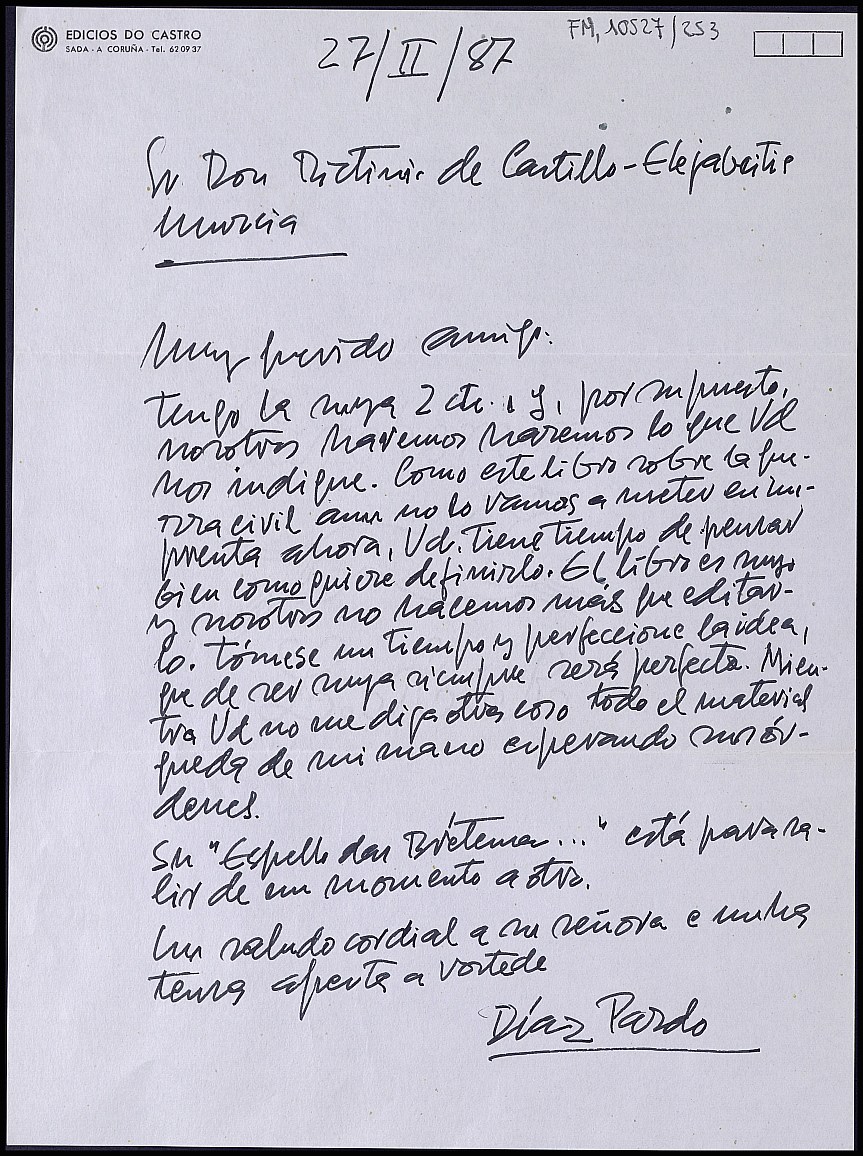 Carta de Isaac Díaz Pardo aconsejándole que proyecte el libro sobre la Guerra Civil como le parezca más adecuado.
