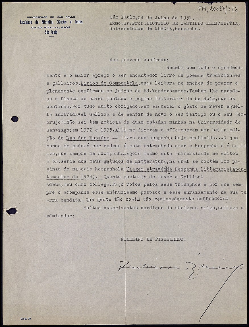 Carta de Fidelino de Figueiredo elogiando el poemario 