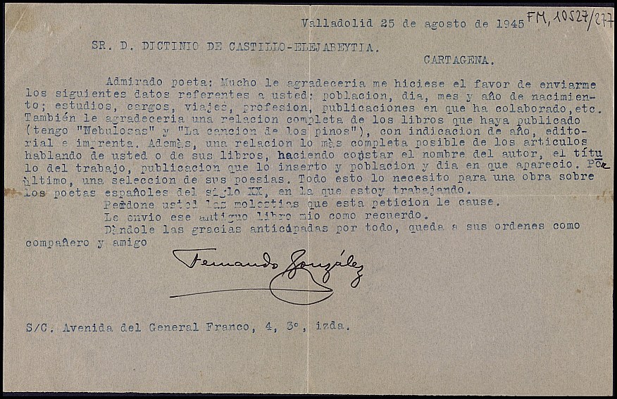 Carta de Fernando González Rodríguez consultándole acerca de su obra publicada, para una antología de poetas españoles que está redactando.