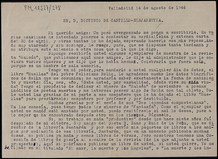 Carta de Fernando González Rodríguez agradeciéndole el envío de un libro y datos biográficos de Feliciano Rolán para publicar en la revista 