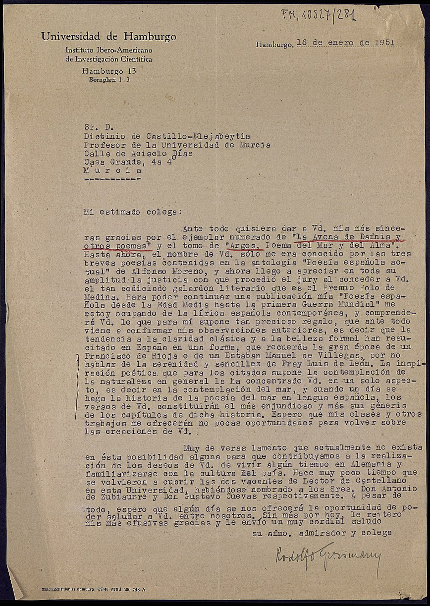 Carta de Rudolf Grossmann agradeciendo el envío de 