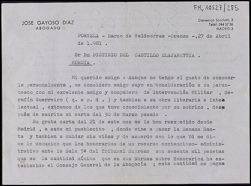 Carta de José Gayoso Díaz informándole sobre distintos asuntos relacionados con el recurso ante el Tribunal Supremo.