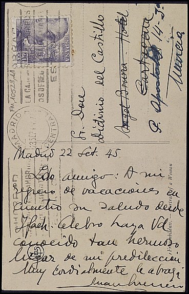 Tarjeta postal de Juan Guerrero Ruiz contestando a su anterior carta remitida desde Ifach (Alicante).
