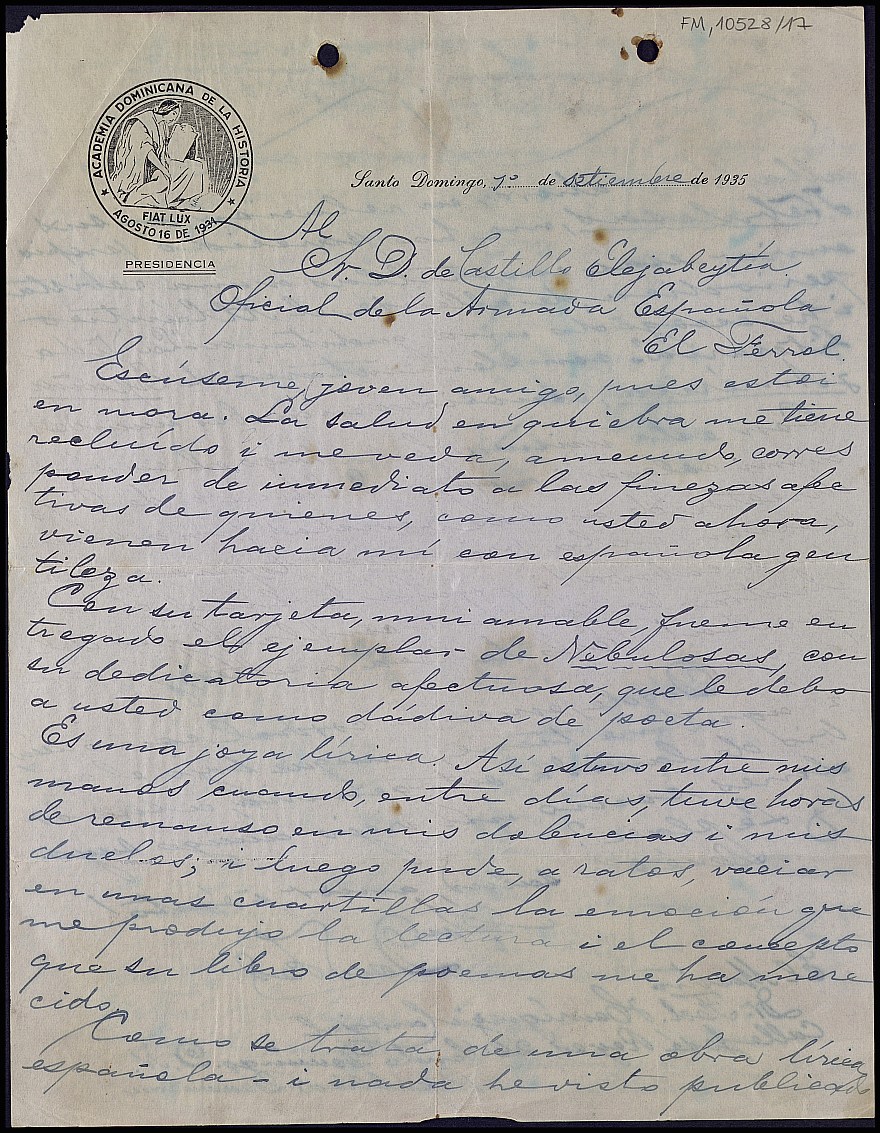 Carta de Federico Henríquez y Carvajal en la que le agradece el envío de 