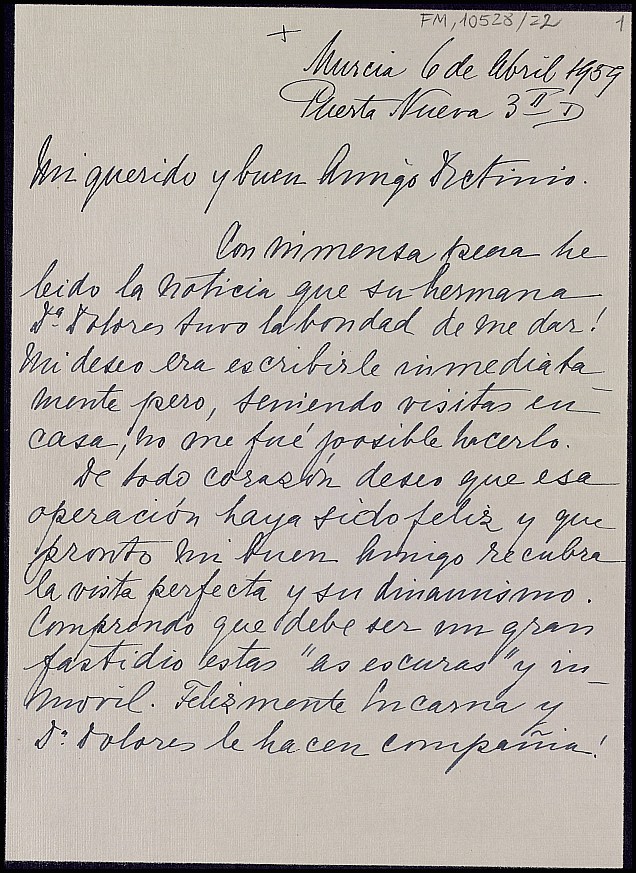 Carta de Sofía Herold von Koss mostrando su preocupación por la salud de Dictinio, tras la operación ocular.