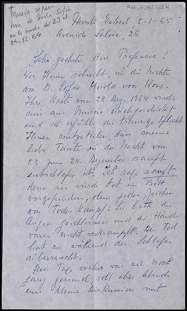 Carta de Heta Jerosch-Herold anunciando el fallecimiento repentino de Sofía Herold von Koss.