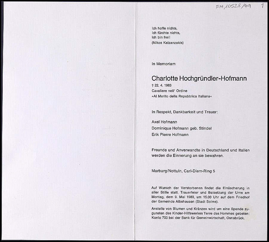 Recordatorio de la defunción de Charlotte Hochgründler.