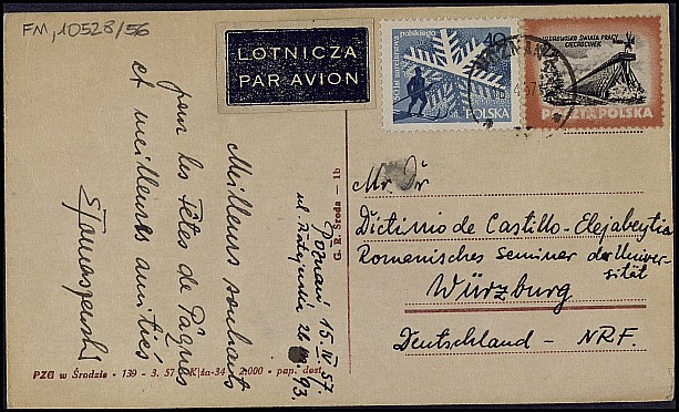 Tarjeta postal de E. Tomaszevski deseándole unas felices fiestas de Pascua.