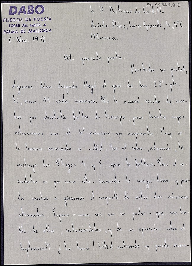 Carta de Rafael Jaume en la que acusa recibo de un giro postal por los ejemplares enviados de la revista 