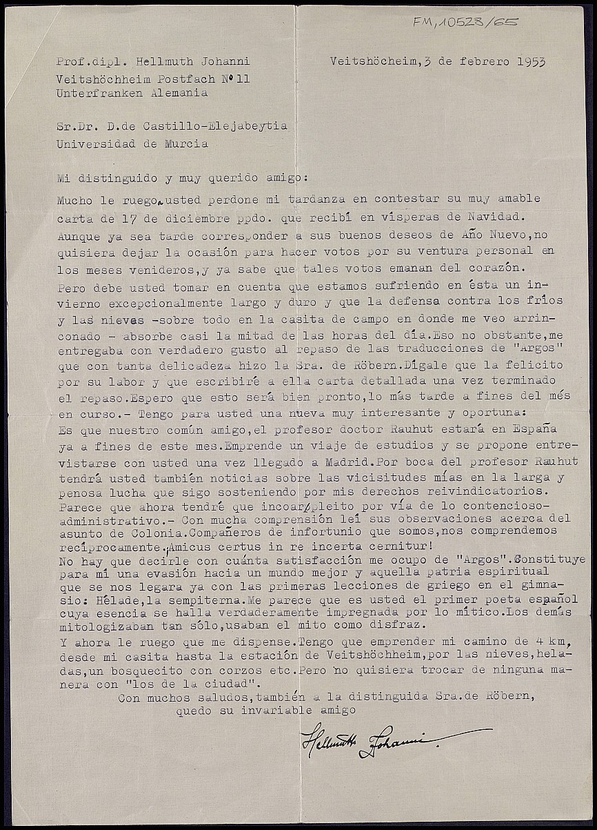Carta de Hellmuth Johanni informándole del próximo viaje de Franz Rauhut, de la Universidad de Wurzburgo, a Madrid para entrevistarse con Dictinio.