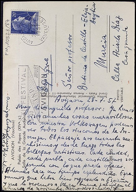 Tarjeta postal de Karl Kern informándole sobre el viaje que realiza por la Provenza.