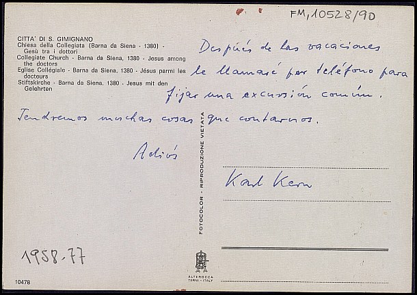 Tarjeta postal de Karl Kern acerca de la posibilidad de realizar viajes juntos.