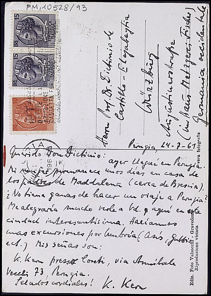 Tarjeta postal de Karl Kern sobre un viaje a Perugia.