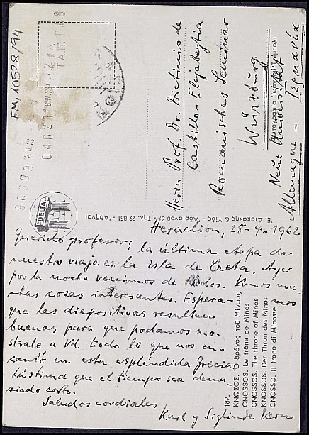 Tarjeta postal de Karl Kern comentando un viaje a Grecia.