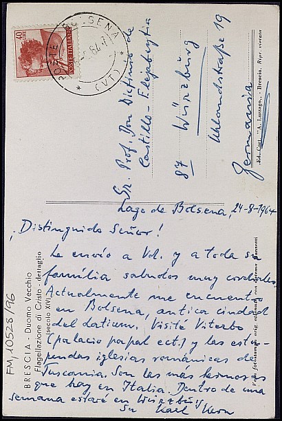 Tarjeta postal de Karl Kern narrando su viaje por Italia.