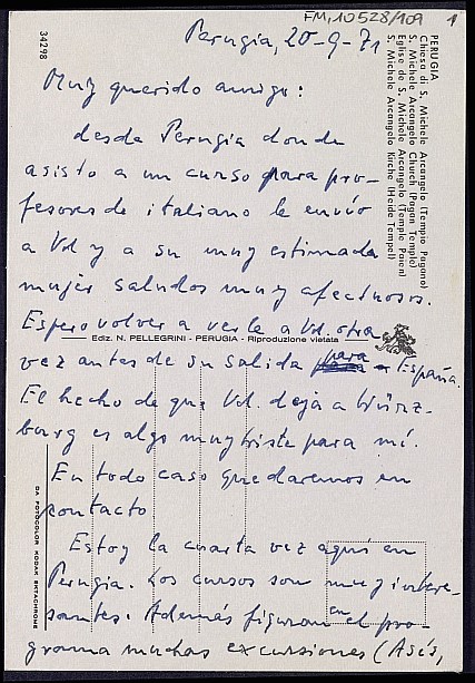 Tarjeta postal de Karl Kern comentando un curso de profesores de italiano al que asisten en Perugia.