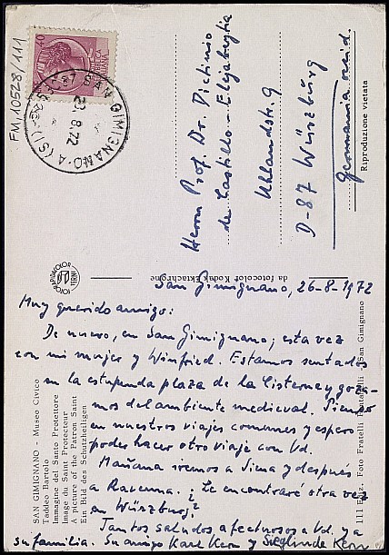 Tarjeta postal de Karl Kern sobre un viaje a San Gimignano, Siena y Rávena.
