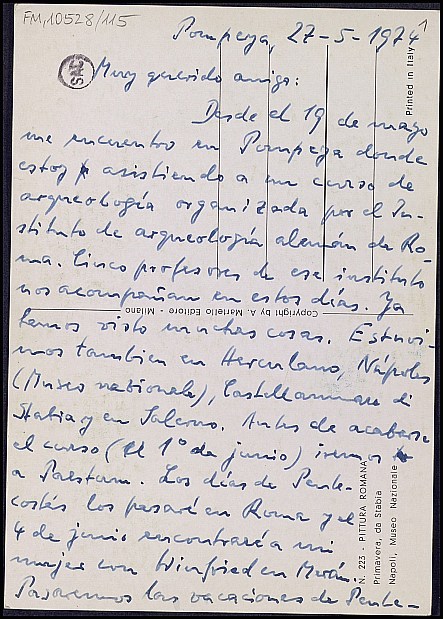 Tarjeta postal de Karl Kern mencionando un curso de arqueología al que asiste en Pompeya.