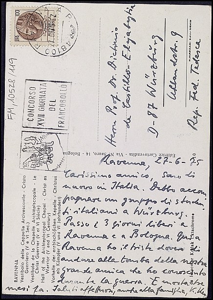 Tarjeta postal de Karl Kern de su viaje a Rávena y Bolonia acompañando a un grupo de estudiantes de Wurzburgo.