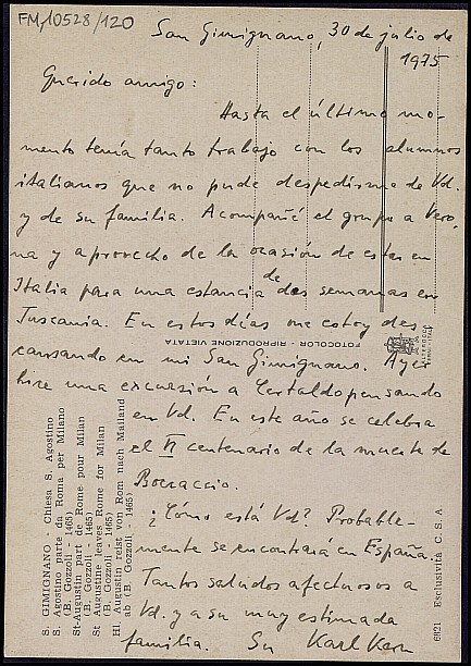 Tarjeta postal de Karl Kern de su viaje por Verona y Toscana.