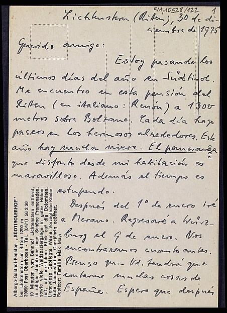 Tarjeta postal de Karl Kern de su itinerario turístico por el Tirol.