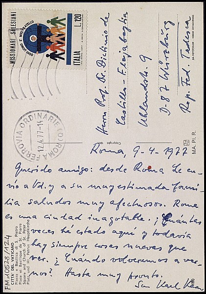 Tarjeta postal de Karl Kern de su viaje a Roma.