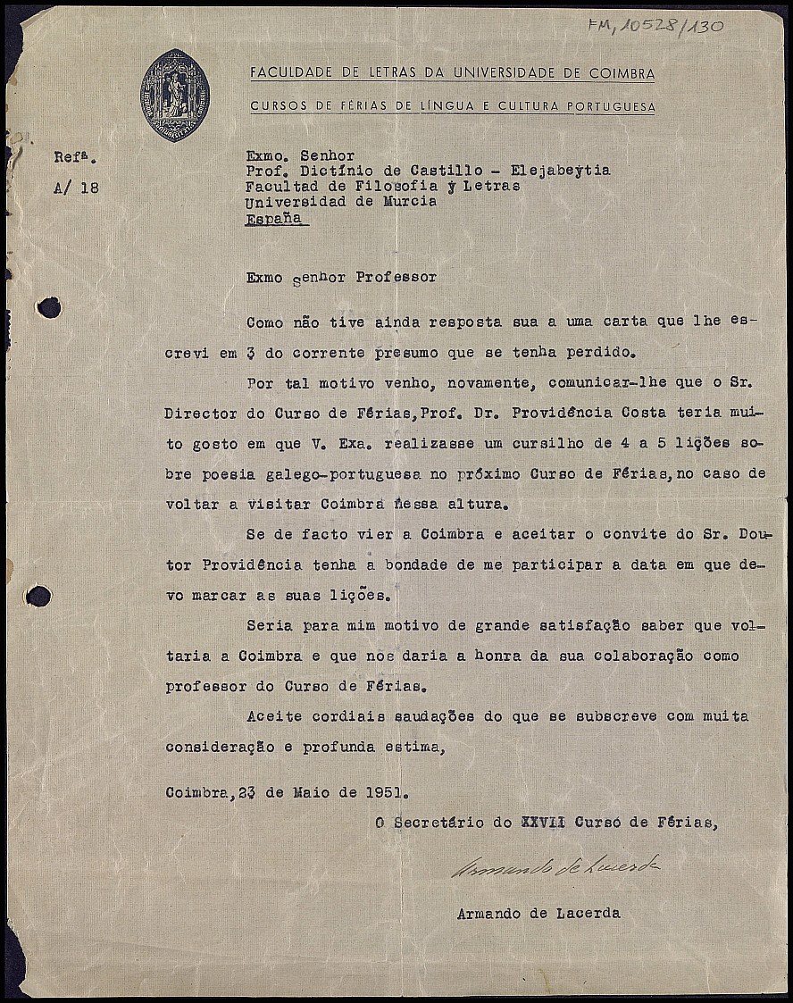 Carta de Armando de Lacerda invitando a Dictinio a impartir un curso de Poesía Gallego-Portuguesa en la Universidad de Coimbra.