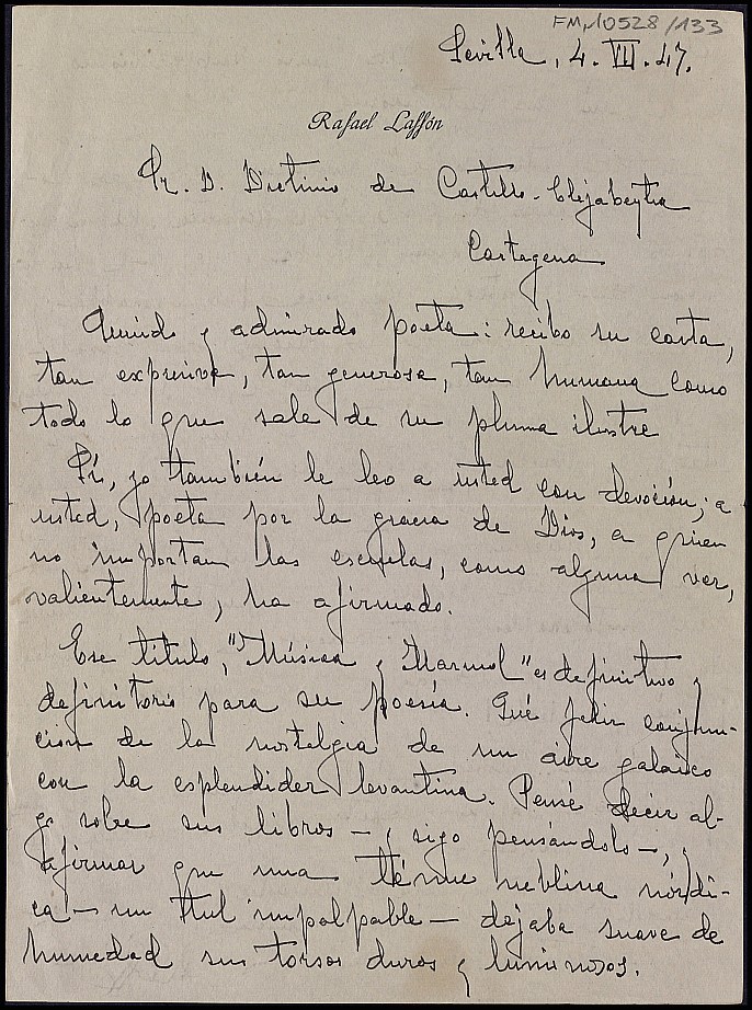 Carta de Rafael Laffón elogiando su poesía.