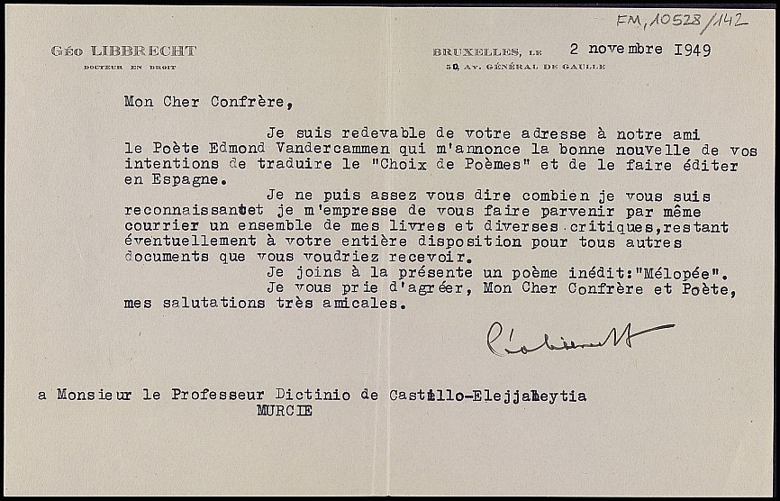 Carta de Géo Libbrecht agradeciendo a Dictinio su intención de traducir y publicar en España 
