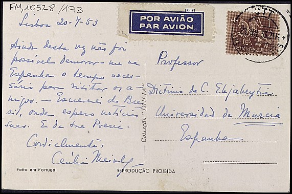 Tarjeta postal de Cecilia Meireles comentando que en su próximo viaje a Europa intentará pasar por España para visitarle.