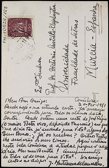 Tarjeta postal Joaquim Montezuma de Carvalho asegurándole que José Regio y otros poetas le enviarán algunos de sus libros.