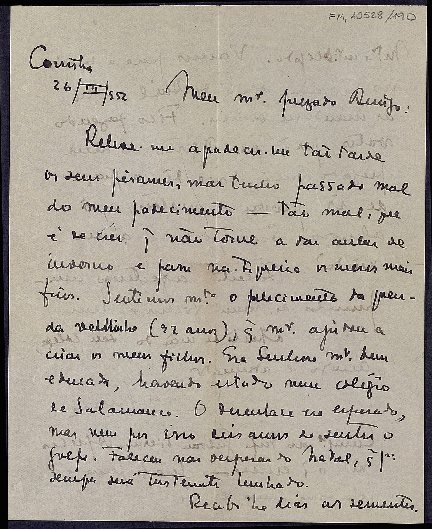 Carta de Joaquim de Montezuma de Carvalho comentando a Dictinio el fallecimiento de una persona cercana.