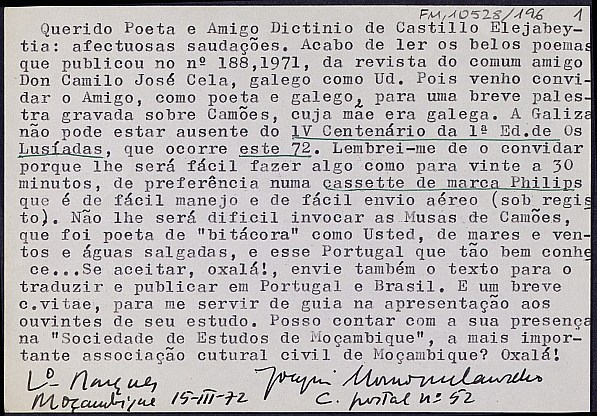 Tarjeta de Joaquim de Montezuma de Carvalho invitándole a participar en un homenaje a Camoens.