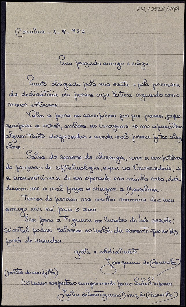 Carta de Joaquim de Carvalho agradeciéndole un poema dedicado y su interés por su salud.