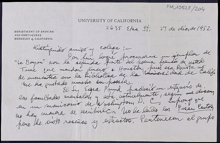 Carta de S. Griswold Morley comentando sobre la poesía en Estados Unidos y los poetas Ezra Pound y Robert Frost.