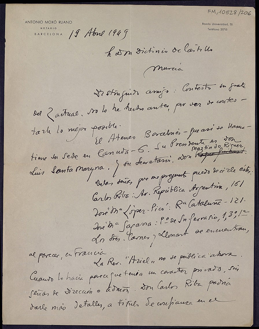 Carta de Antonio Moxó Ruano informándole de la dirección postal de varios escritores catalanes y de la junta directiva del Ateneo Barcelonés.