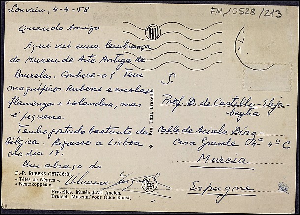 Tarjeta postal de Antonio Henrique de Oliveira Marqués comentándole su viaje por Bélgica.