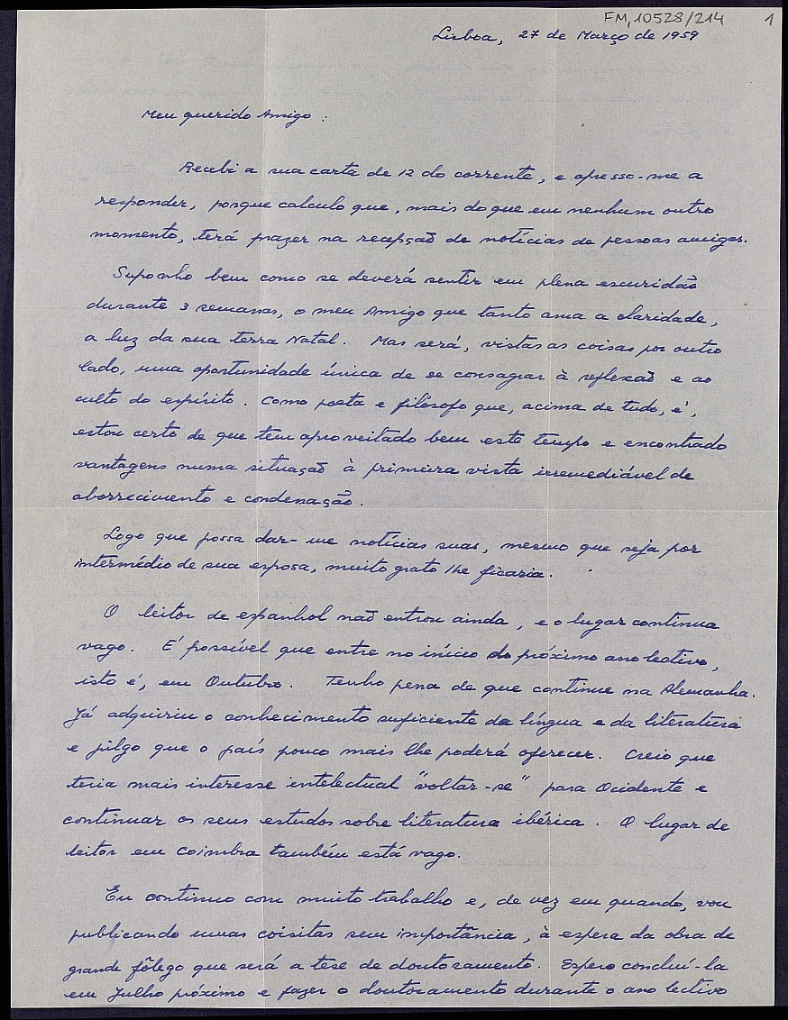 Carta de Antonio Henrique de Oliveira Marqués interesándose por su salud tras la operación de desprendimiento de retina.