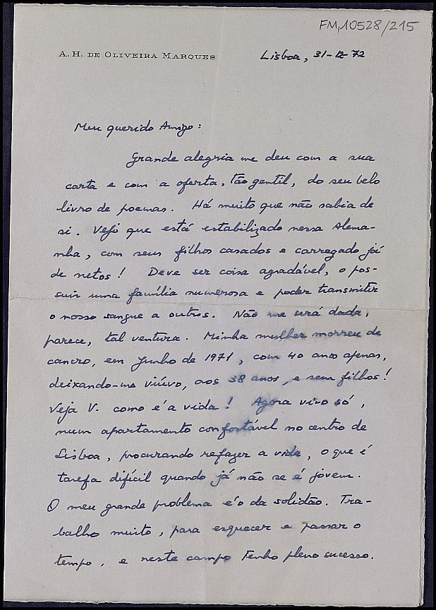Carta de Antonio Henrique de Oliveira Marqués referente al fallecimiento de su esposa y otros asuntos.